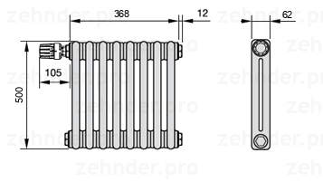 Схема (чертеж) Радиатор Zehnder Charleston 2050/8 №V011 Белый глянцевый RAL 9016